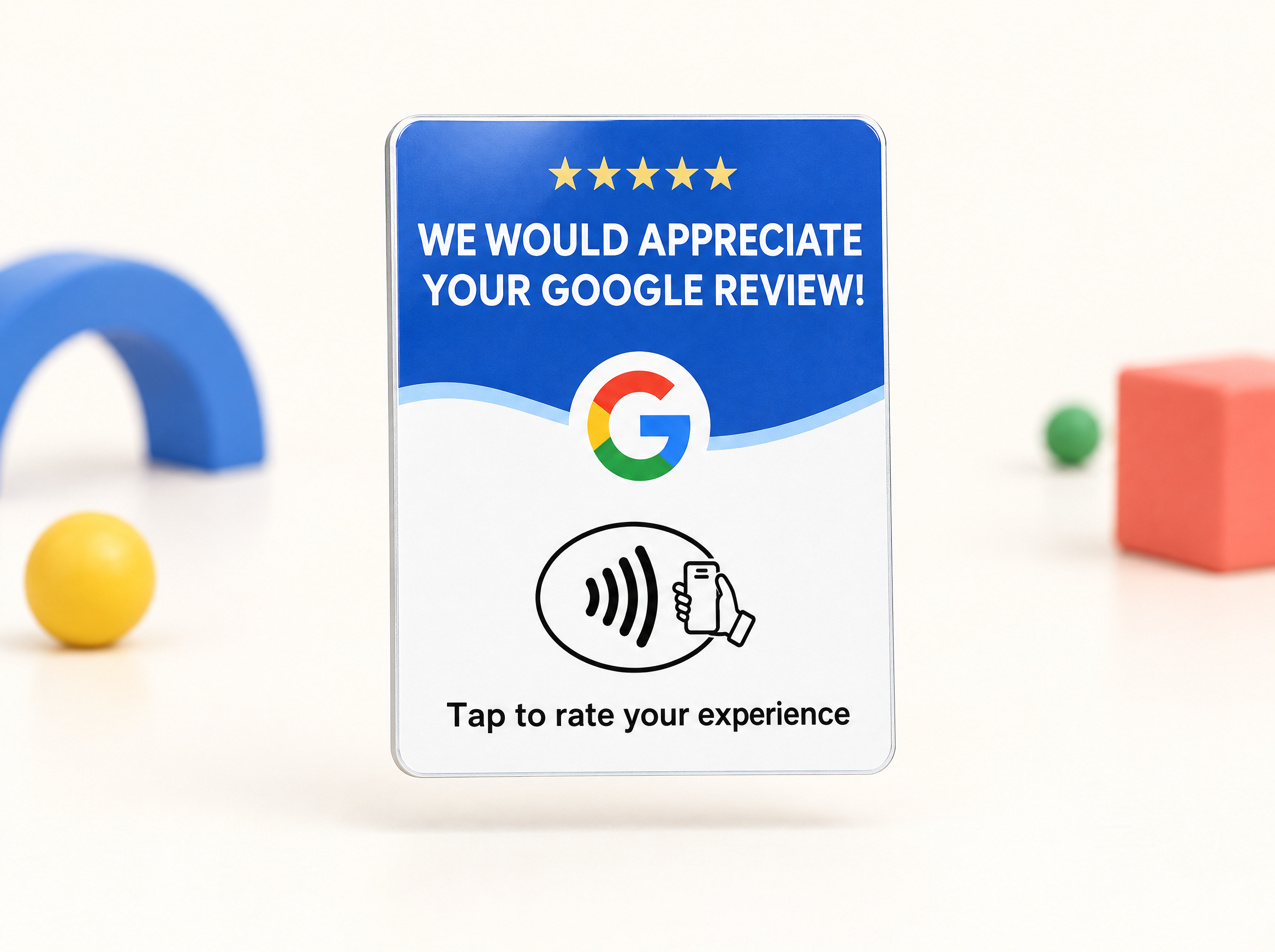 Konsep kartu Google Review NFC biru putih dengan aksen biru, kuning, merah, dan hijau